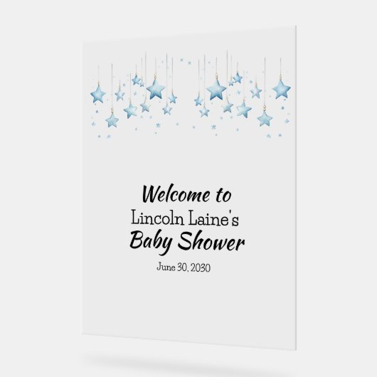 の開始ぶら下がった男の赤ちゃんブルーベビーシャワー アクリルサイン (傾斜)