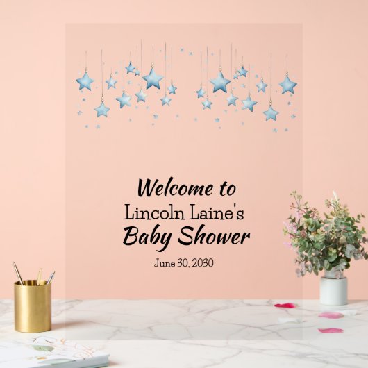 の開始ぶら下がった男の赤ちゃんブルーベビーシャワー アクリルサイン (ウェディング)