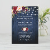 の青い結婚ウッドのバーガンディフローラストリングライト 招待状 (スタンド正面)