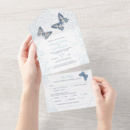 の青結婚いクリーム蝶が渦巻く食事RSVP オールインワン招待状
