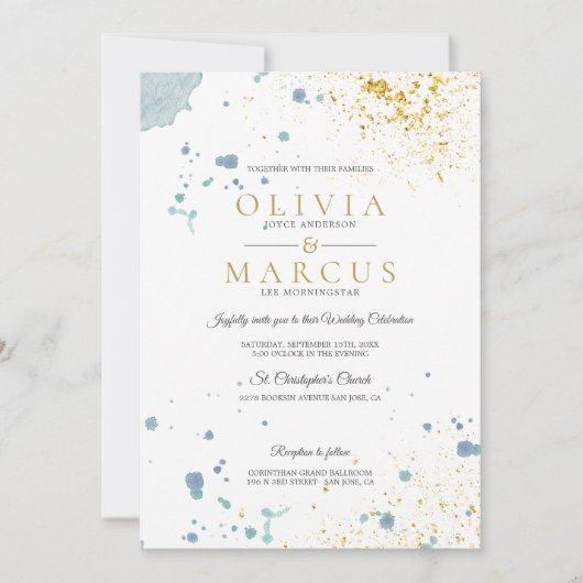 の青結婚とモダン金ゴールドの色の（ばちゃばちゃ）跳ねる 招待状 (正面)