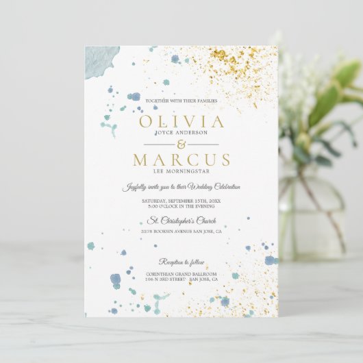 の青結婚とモダン金ゴールドの色の（ばちゃばちゃ）跳ねる 招待状 (スタンド正面)
