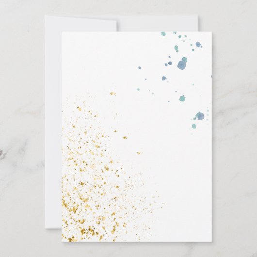 の青結婚とモダン金ゴールドの色の（ばちゃばちゃ）跳ねる 招待状 (裏面)