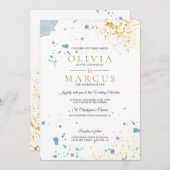 の青結婚とモダン金ゴールドの色の（ばちゃばちゃ）跳ねる 招待状 (正面/裏面)