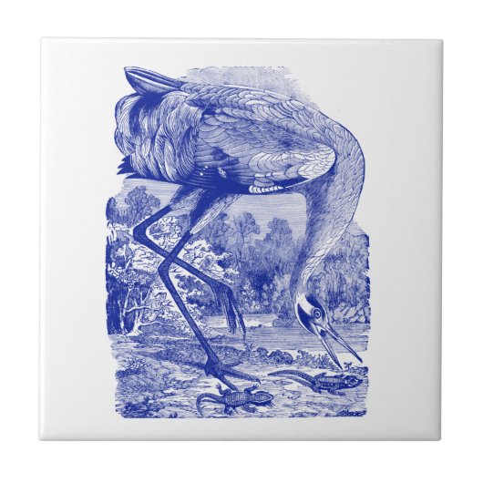 |の青|のアメリカシロヅルを引いているヴィンテージの鳥 タイル (正面)
