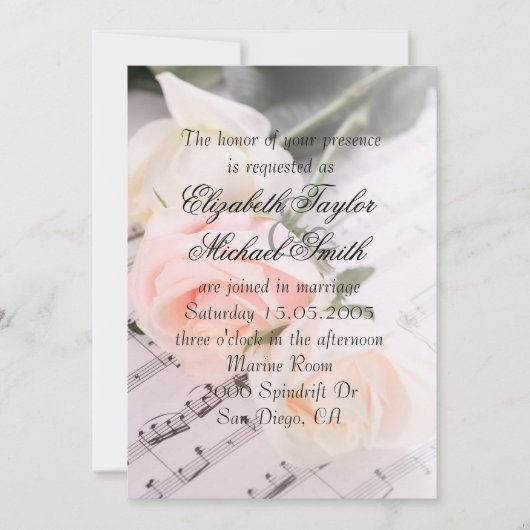 の音楽結婚ライトピンクバラ結婚式の招待 招待状 (正面)
