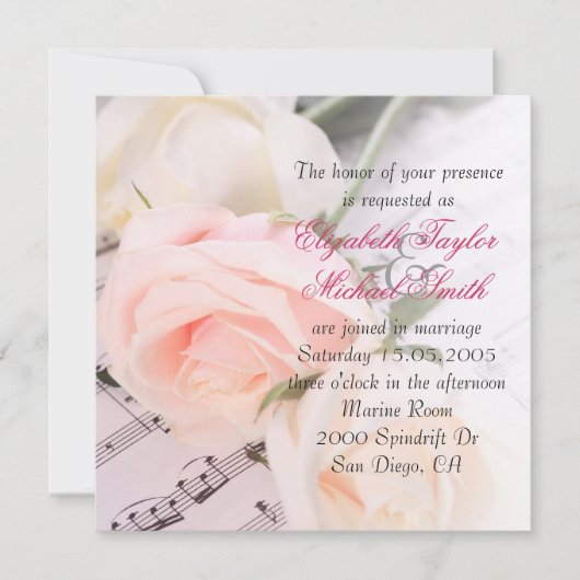 の音楽結婚ライトピンクバラ結婚式の招待 招待状 (正面)