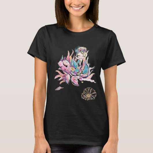 *~*の魔法の人魚のグリッターのウミガメの珊瑚のティー Tシャツ (正面)