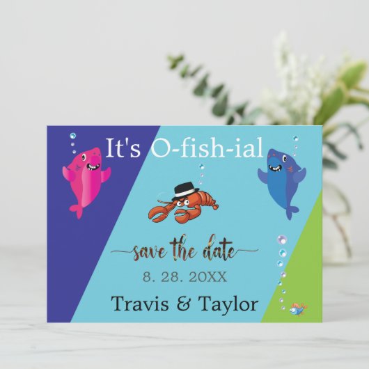 の魚結婚テーマロブスターモブスター日付を保存 招待状 (スタンド正面)