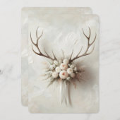 の鹿結婚〔雄ジカの〕枝角とブライダルブーケ 招待状 (正面/裏面)