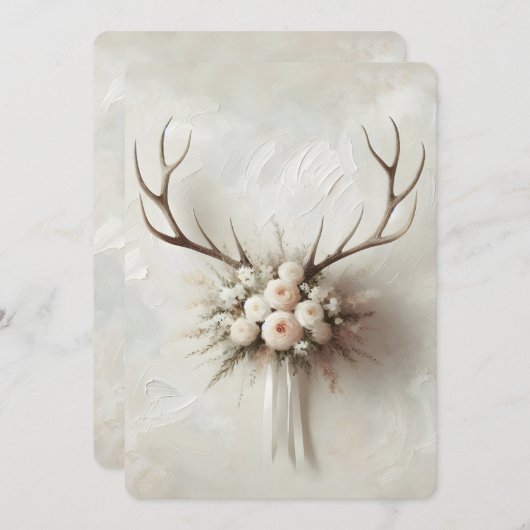 の鹿結婚〔雄ジカの〕枝角とブライダルブーケ 招待状 (正面/裏面)