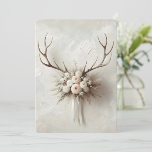 の鹿結婚〔雄ジカの〕枝角とブライダルブーケ 招待状 (スタンド正面)