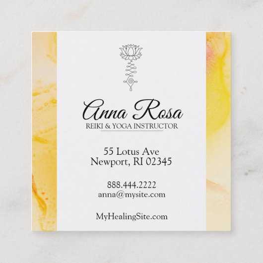 *~*の黄色い赤紫のはす霊気のマッサージのヨガ スクエア名刺 (裏面)