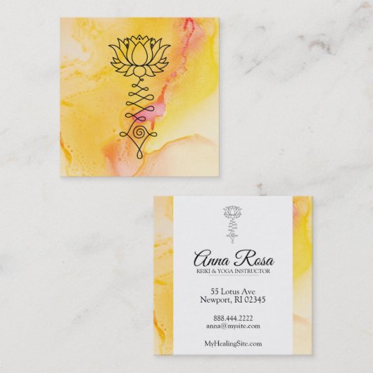 *~*の黄色い赤紫のはす霊気のマッサージのヨガ スクエア名刺 (正面/裏面)