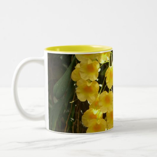 の黄色ぶら下がったい蘭の熱帯花 ツートーンマグカップ (左)