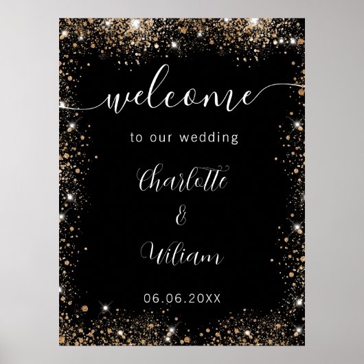 の黒結婚金ゴールドグリッター名スクリプトwelcome ポスター (正面)