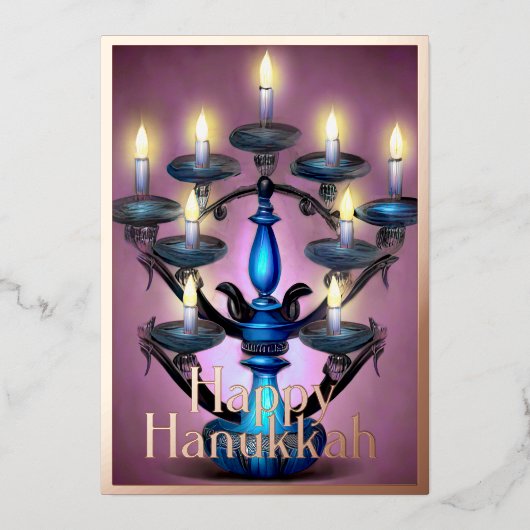 の（ユダヤ教）メノラー絵を描ハッピーハヌカー金ゴールドパープル 箔シーズンカード (正面)