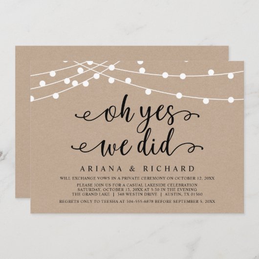 はい、私たちしました。結婚式の駆け落ちパーティー 招待状 (正面/裏面)