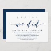 「はい、私たち結婚しました！　二人だけの結婚式の後、ディナーパーティーへご招待」 招待状 (正面/裏面)