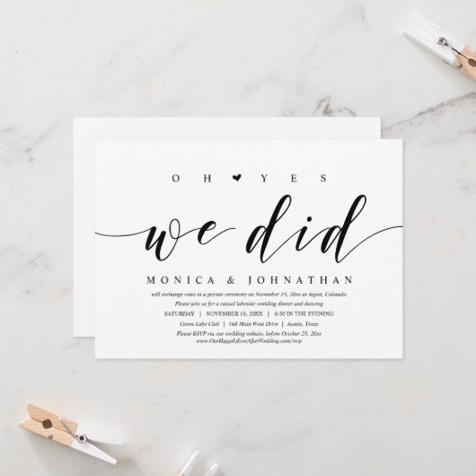 はい、私たち、しました。結婚式の秘密の食事会 招待状 (正面/裏面インサイチュ)