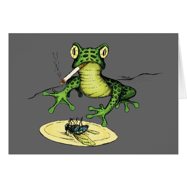 はえのプレートを持つ喫煙のカエル (正面横)