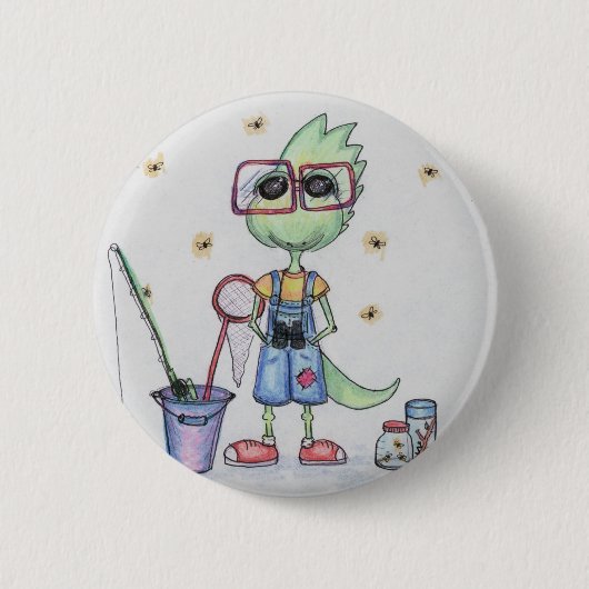 はえの魚釣りの恐竜ボタン 缶バッジ (正面)