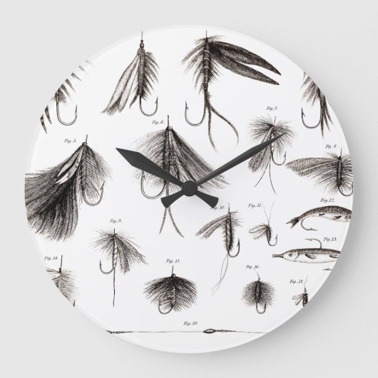 はえの魚釣りの魅惑のはえを曲げるヴィンテージの19世紀は魅惑します ラージ壁時計 (正面)