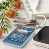 はえの魚釣り場面ヴィンテージ旅行ポスター キーホルダー (正面右)