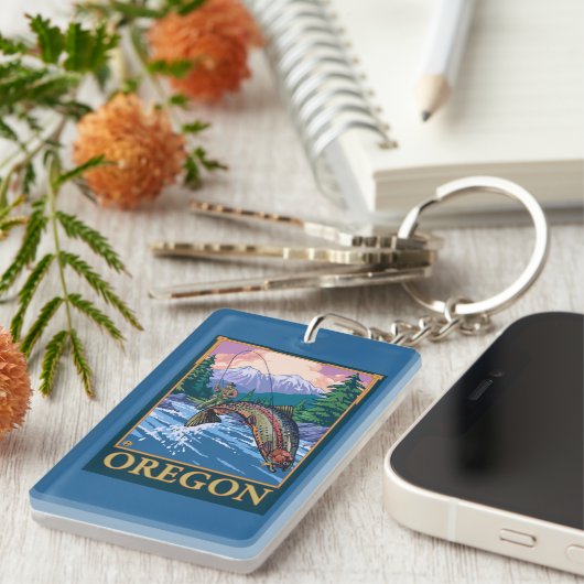 はえの魚釣り場面ヴィンテージ旅行ポスター キーホルダー (正面右)