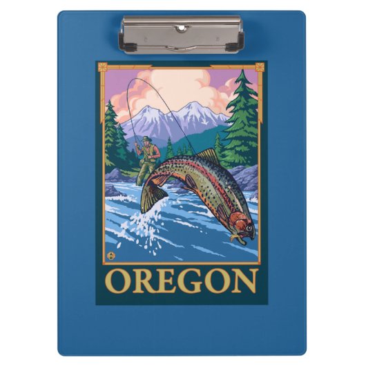 はえの魚釣り場面ヴィンテージ旅行ポスター クリップボード (正面)