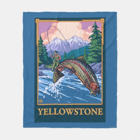 はえの魚釣り場面-イエローストーン国立公園 フリースブランケット (正面)