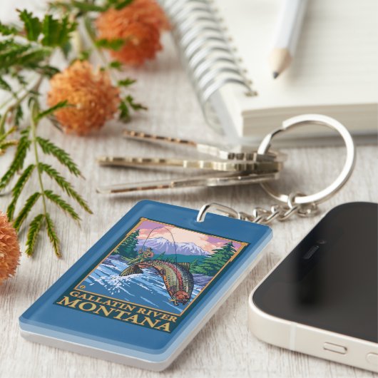 はえの魚釣り場面-ギャラティンの川、モンタナ キーホルダー (正面右)