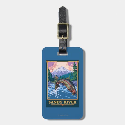 はえの魚釣り場面-サンディの川、オレゴン ラゲッジタグ (正面縦)