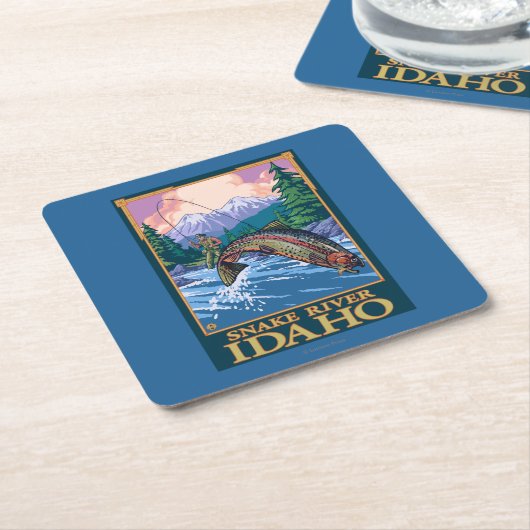 はえの魚釣り場面-スネーク川、アイダホ スクエアペーパーコースター (アングル)
