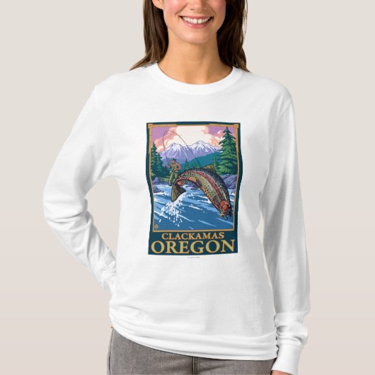 はえの魚釣り場面- Clackamas、オレゴン Tシャツ (正面)