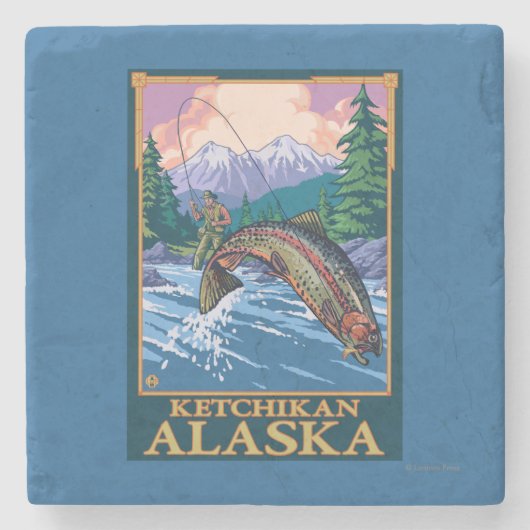 はえの魚釣り場面- Ketchikan、アラスカ ストーンコースター (正面)