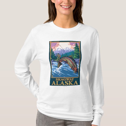 はえの魚釣り場面- Skagway、アラスカ Tシャツ (正面)