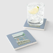 はえのFishermanWyomingVintage旅行ポスター ストーンコースター (横)