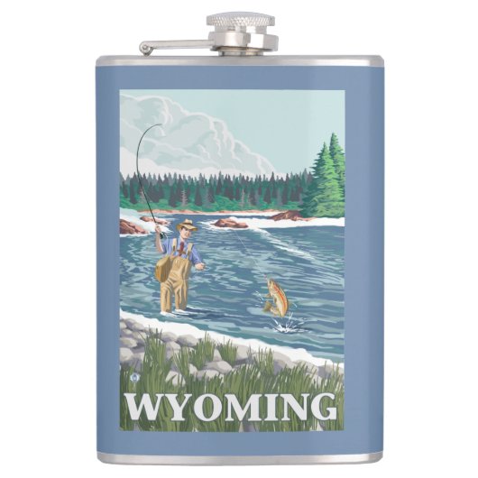 はえのFishermanWyomingVintage旅行ポスター フラスク (正面)