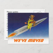 はがきおもしろいレトロ引っ越しました新住所ロケット 案内ポストカード (正面/裏面)