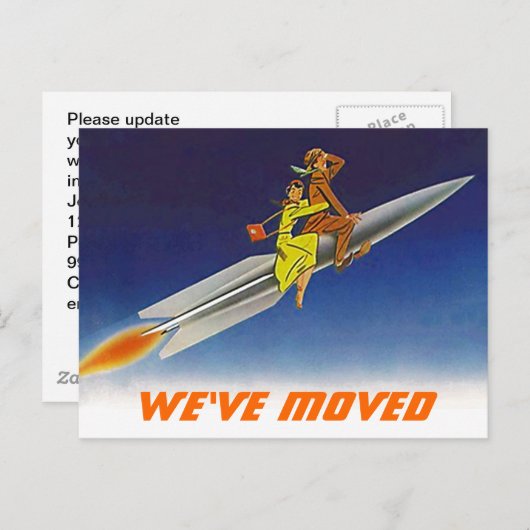 はがきおもしろいレトロ引っ越しました新住所ロケット 案内ポストカード (正面/裏面)