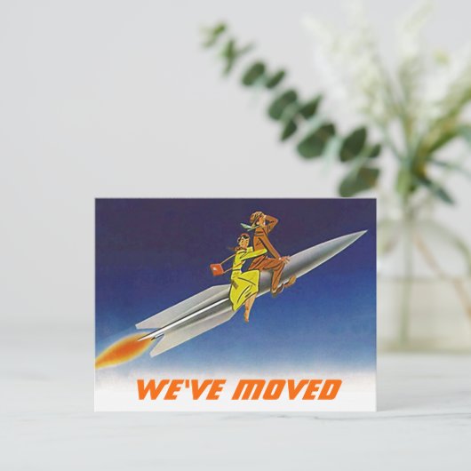 はがきおもしろいレトロ引っ越しました新住所ロケット 案内ポストカード (スタンド正面)