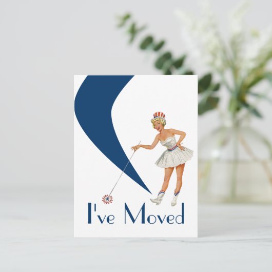 はがきおもしろいレトロ移動した女性新しいアドレスPC 案内ポストカード (スタンド正面)