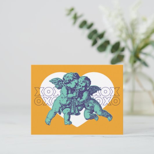 はがきキューピッドバレンタインデーティール(緑がかった色)紫オレンジ シーズンポストカード (スタンド正面)