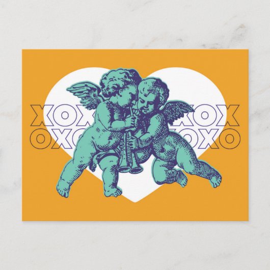 はがきキューピッドバレンタインデーティール(緑がかった色)紫オレンジ シーズンポストカード (正面)