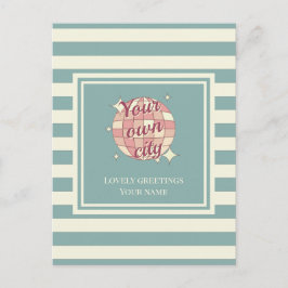 はがきストライプのティール（緑がかった色）ベージュカスタムホテルの町名 ポストカード
