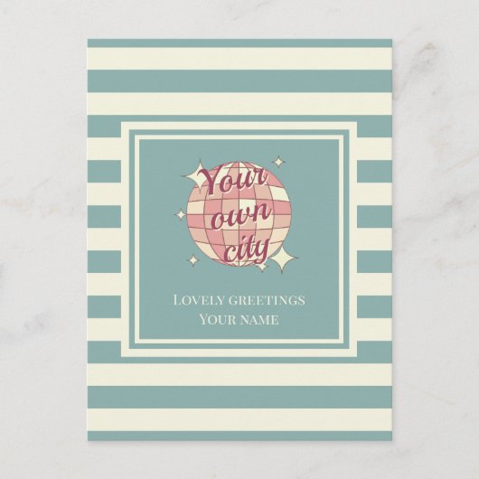 はがきストライプのティール（緑がかった色）ベージュカスタムホテルの町名 ポストカード (正面)