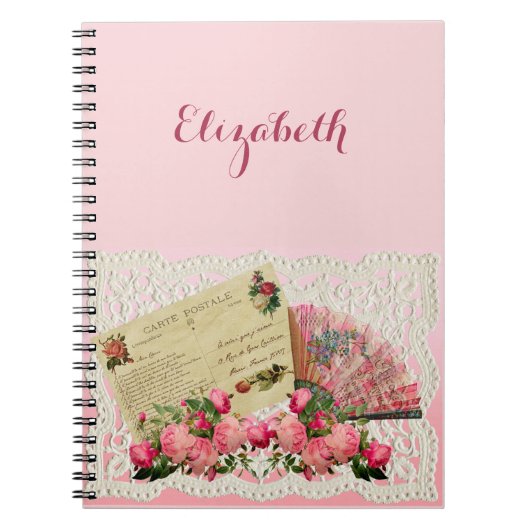 はがきビクトリアン、ファン、バラ、レースドリー – ピンク ノートブック (正面)