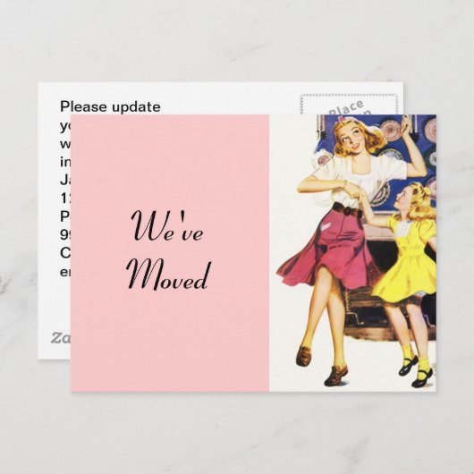 はがきレトロおもしろいママ娘が新しいアドレスを移動 案内ポストカード (正面/裏面)