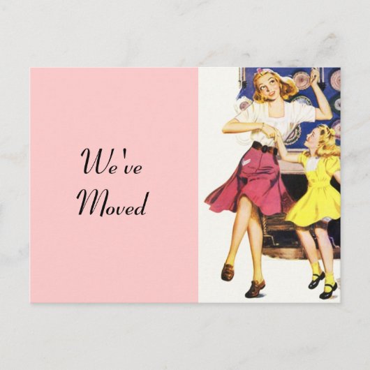 はがきレトロおもしろいママ娘が新しいアドレスを移動 案内ポストカード (正面)